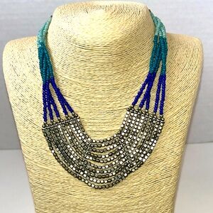Blue green bib necklace multi strand silver tone seed beads southwest boho